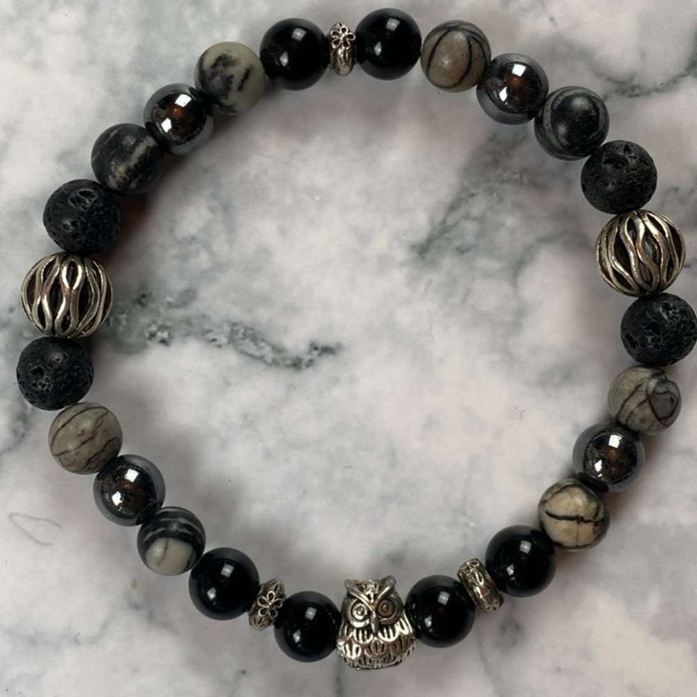 Black Obsidian, Hematite, Black Lava & Black Network Beaded Bracelet & Owl Charm